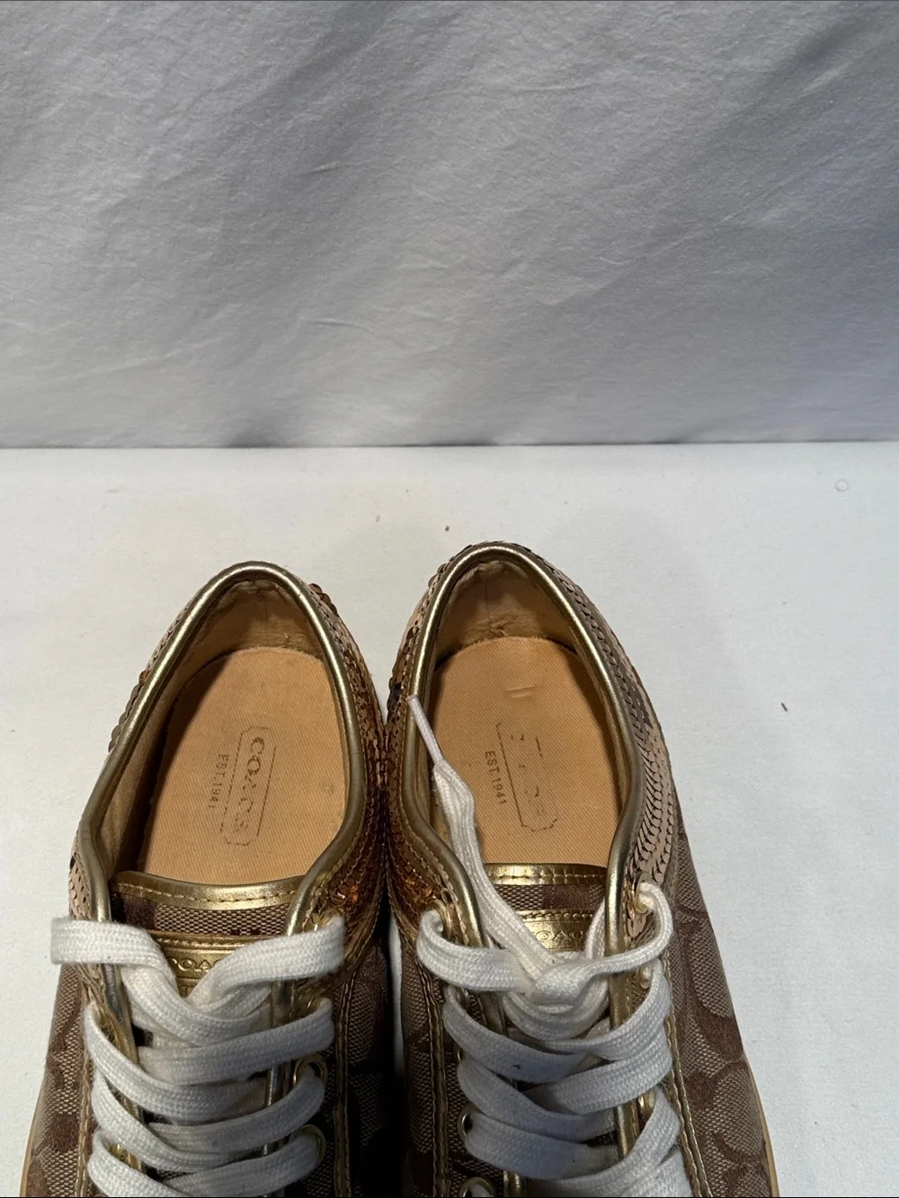 Coach Brown Signature Canvas Sneakers with White Toe and Gold Accents